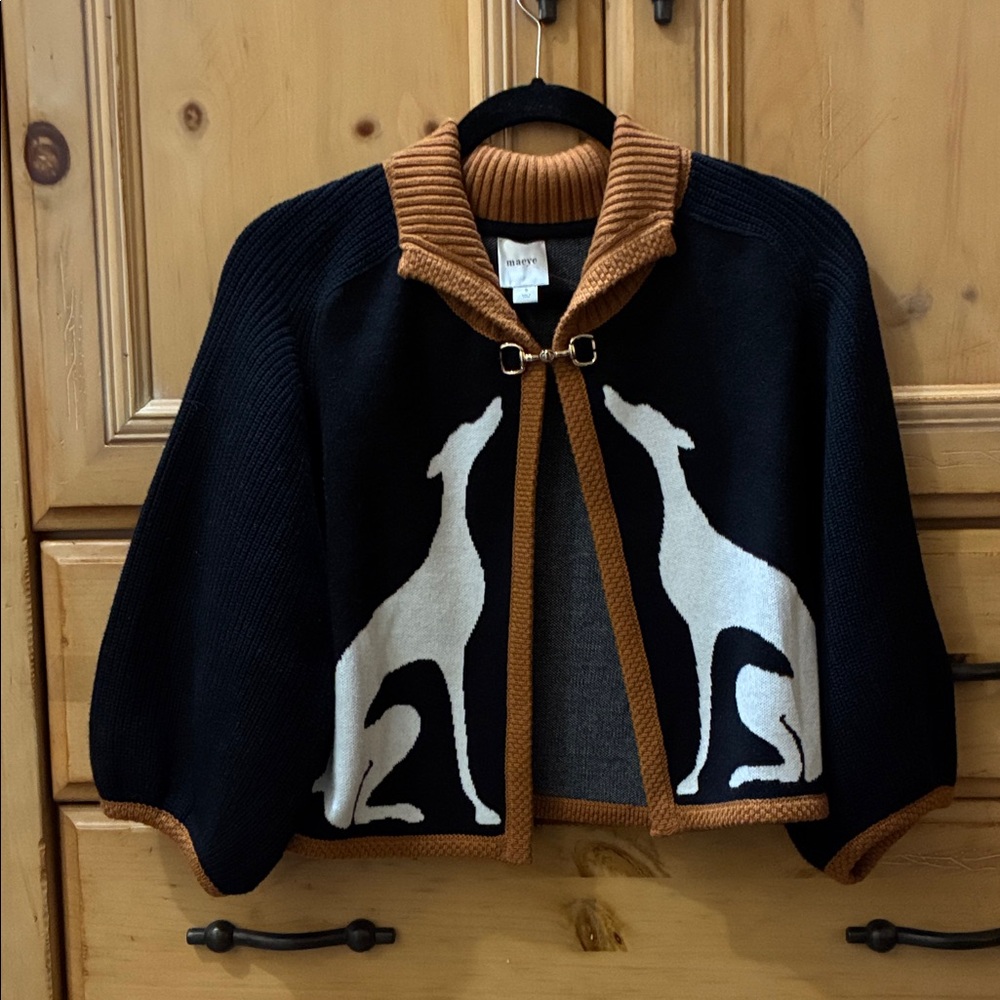 Anthropologie Maeve Black and Brown Cape with Dog Design